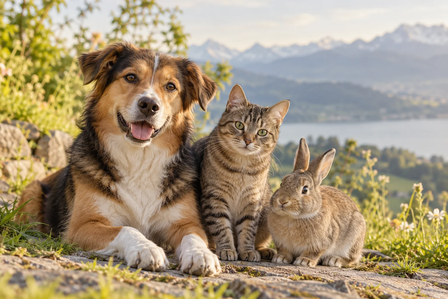 Hund, Katze und Kaninchen zusammen im Grünen